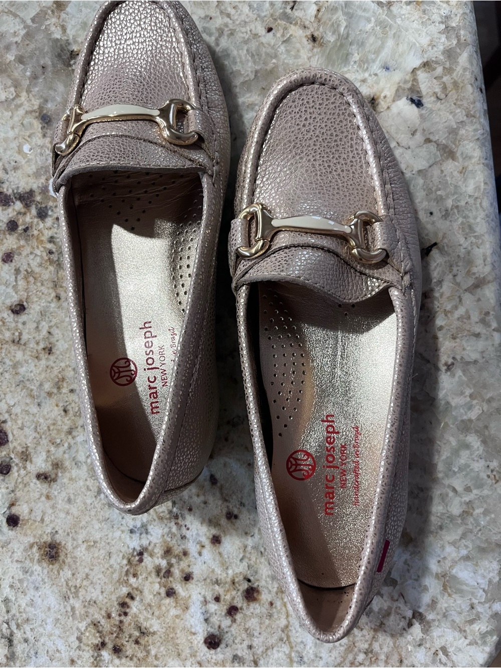 Marc Joseph Metallic Taupe Loafers with Gold Bit